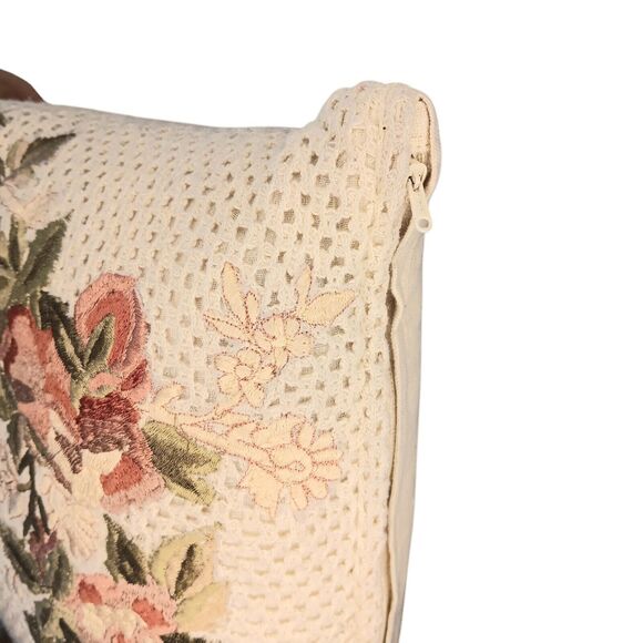 Floral Embroidered Pillow Cream Pink Rust Green Cottagecore Rectangle 15" X 12" - Picture 7 of 14